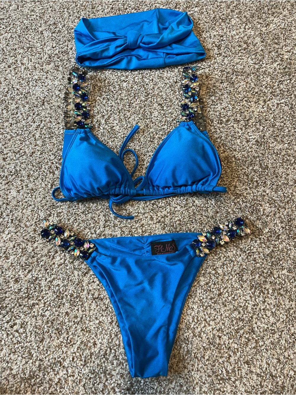 Hot Miami Styles Agua Blue Jeweled Bikini Set with Headband